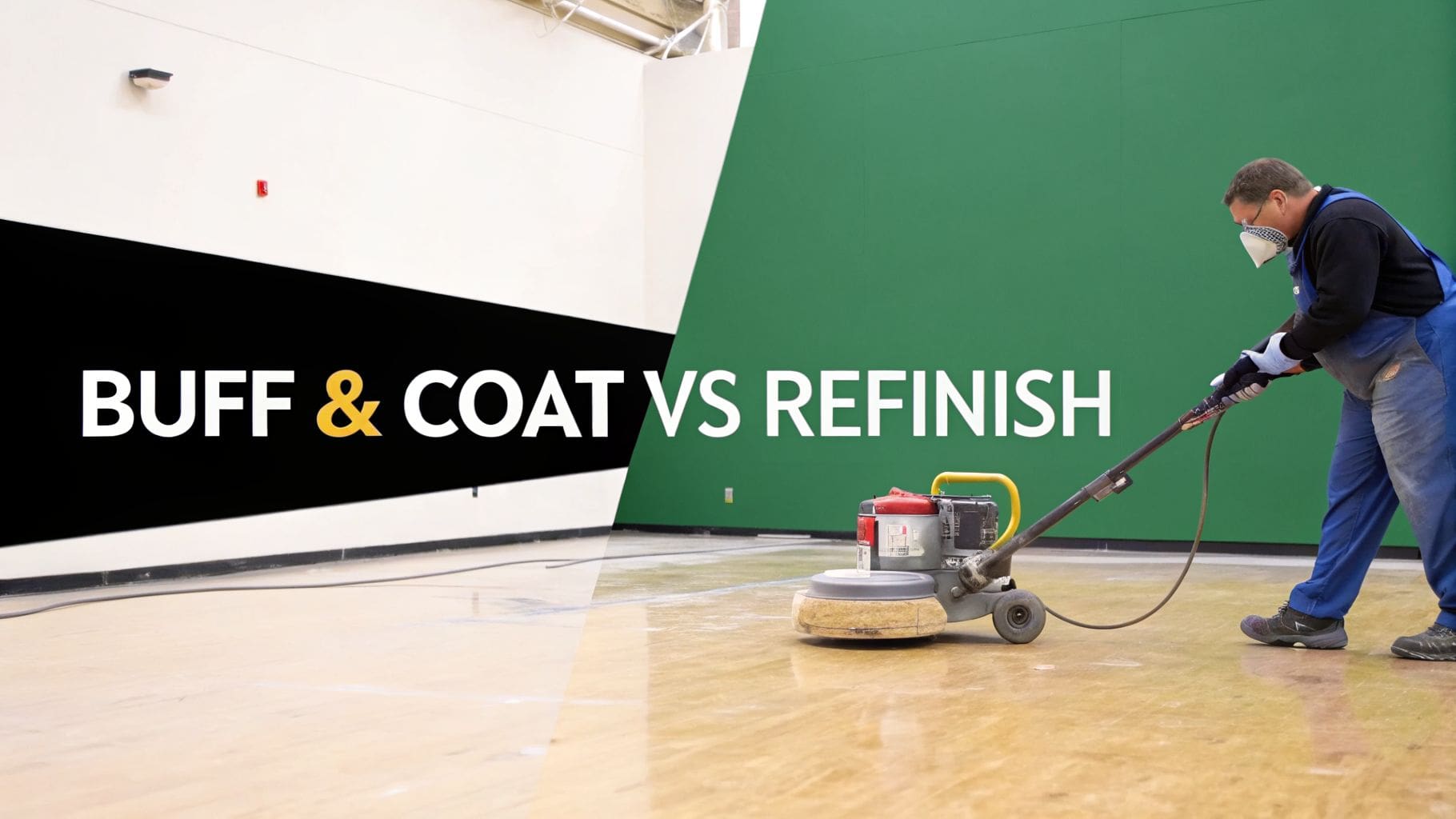 A diagonal split image comparing buff & coat on a clean floor with a worker refinishing a worn floor.