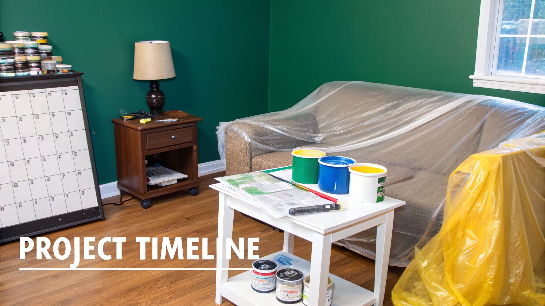 A room with green walls, a couch covered in plastic, paint cans, and a calendar, indicating a painting project.