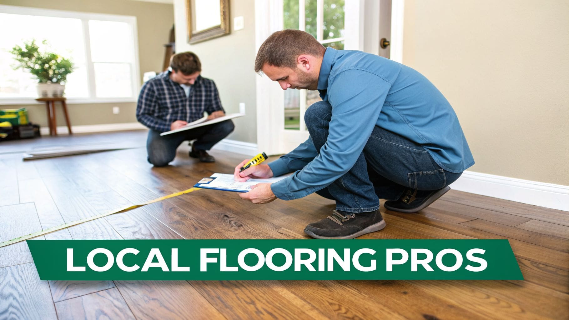 Two flooring professionals kneeling and measuring a hardwood floor, taking notes with a clipboard and a tape measure.