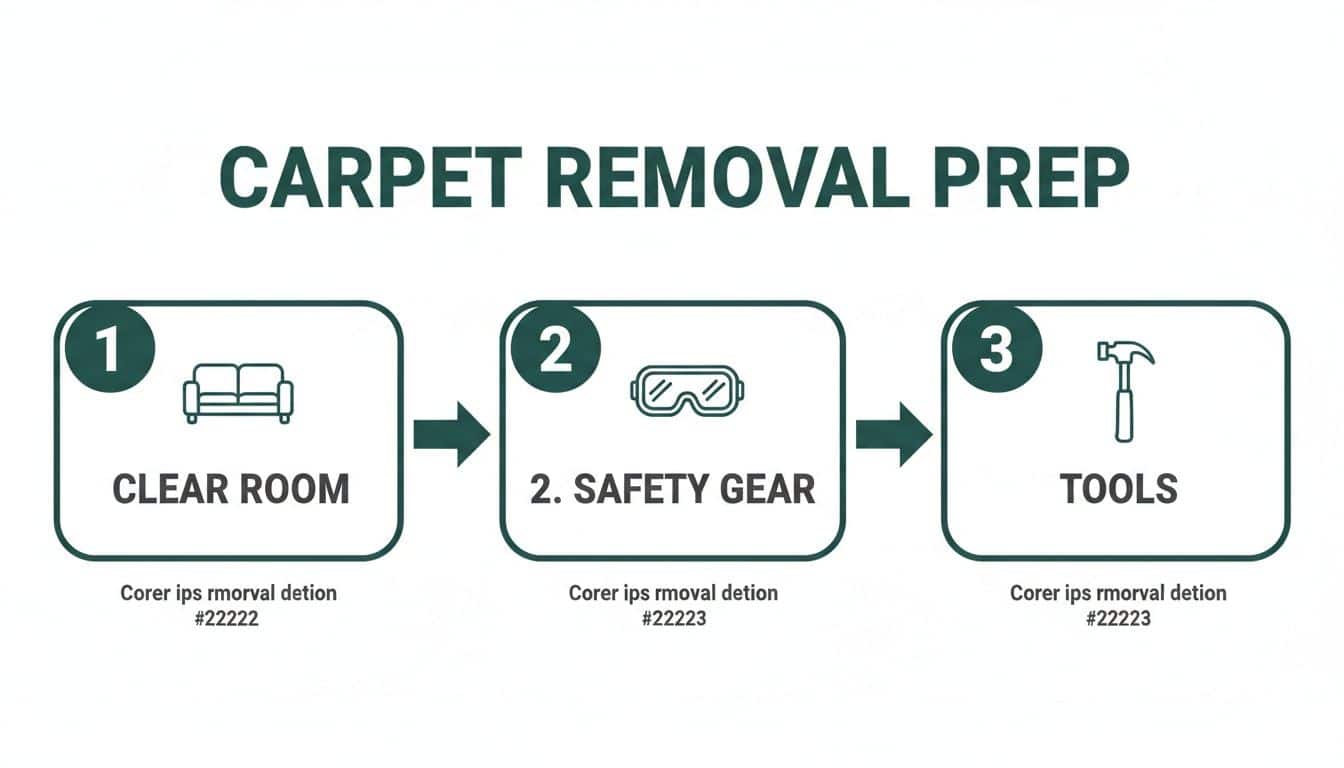 Infographic showing three steps for carpet removal preparation: clear room, safety gear, and tools.