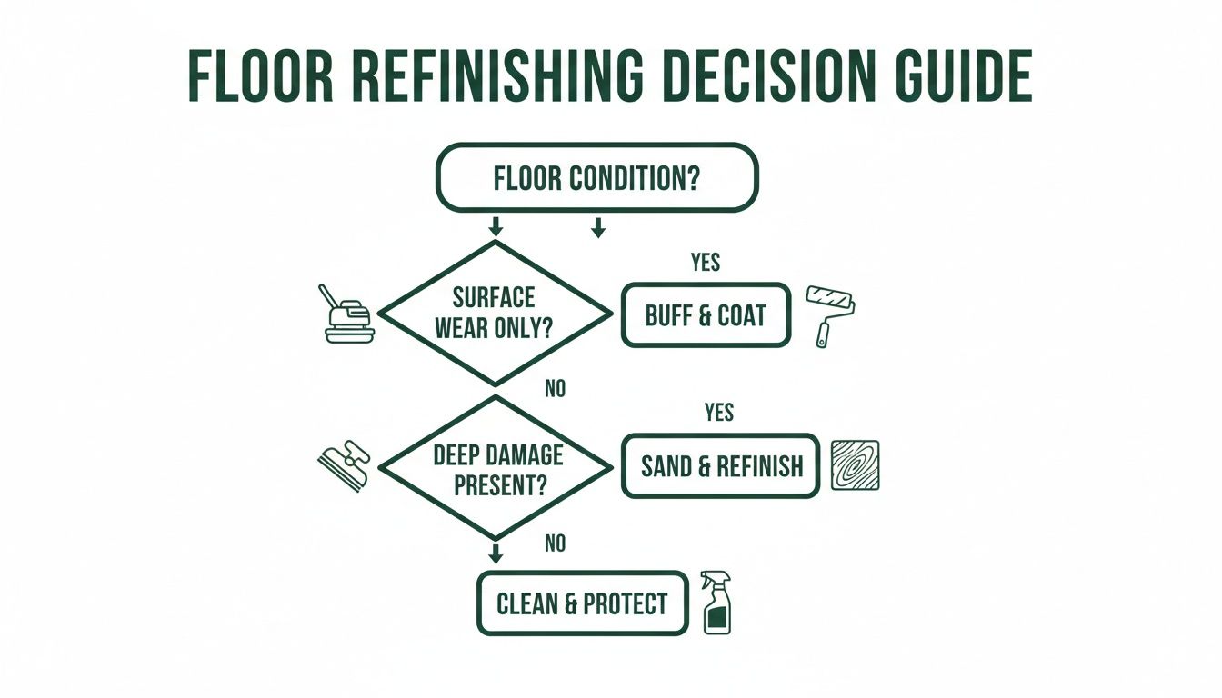 Flowchart guiding floor refinishing decisions based on surface wear, deep damage, or no damage.