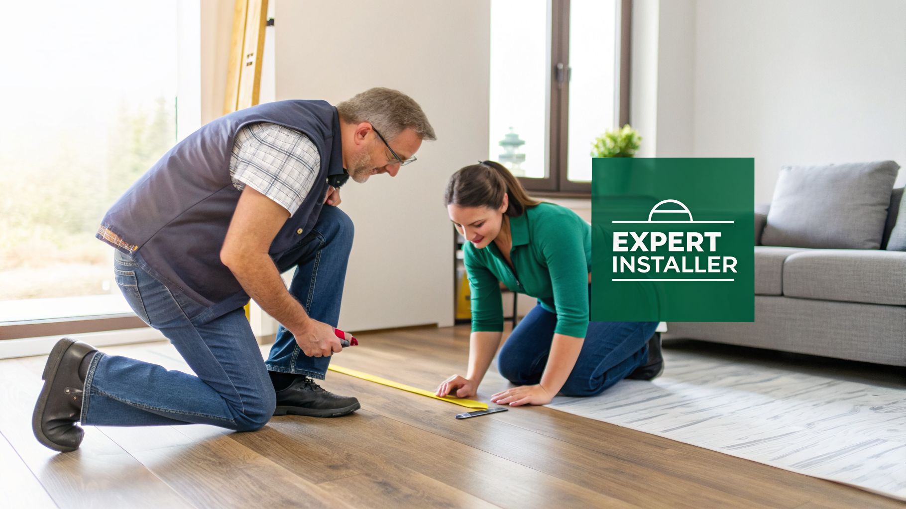 Two expert installers kneel on the floor, measuring LVP planks during installation, focusing on precision.