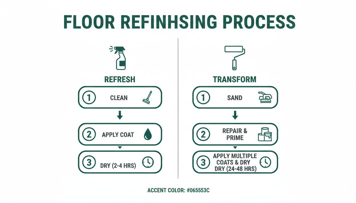 Diagram showing two floor refinishing processes: Refresh (clean, apply coat, dry) and Transform (sand, repair, prime, multiple coats).