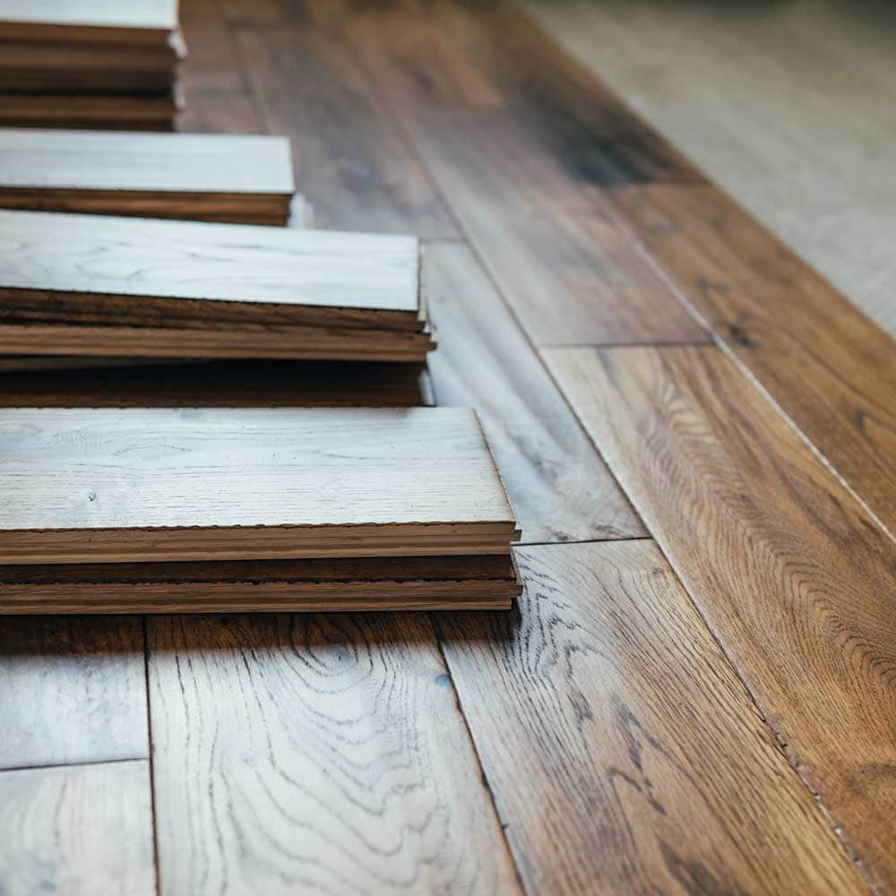Newly installed wood floor panels